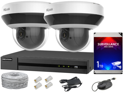 Sada pro IP monitorování, 2 otočné PTZ kamery 4Mpx, IR20, NVR 4xPoE, Disk 1TB - Hilook od Hikvision
