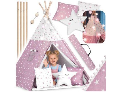 Teepee stan pro děti Nukido se světlem - růžový s hvězdičkami